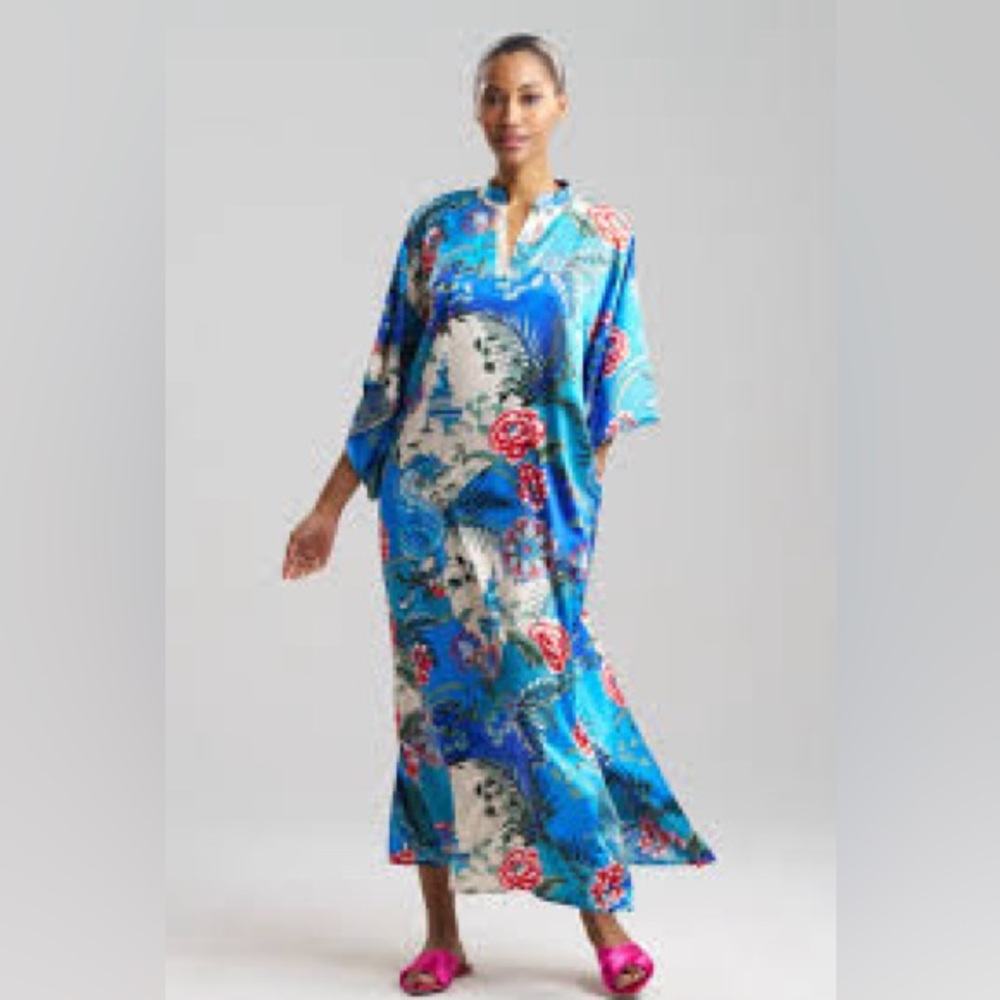 🌷HP🌷Natori Andalusia Floral Blue and Cream Kaftan Dress ( SZ S)